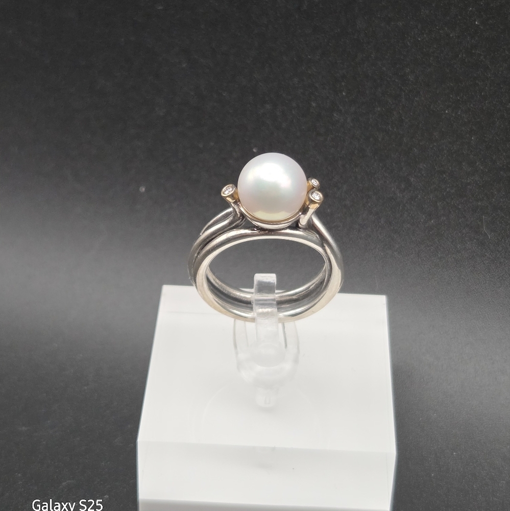Pandora Ring "Woven Splendor" Sterling Silver 14 Kt Diamond &  Cultured Pearl